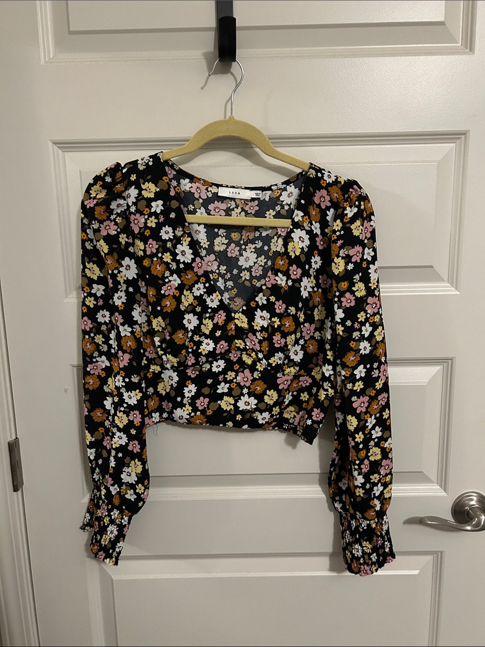 Lush Black Floral V-Neck Cropped Blouse with Pink, White & Mustard Flowers